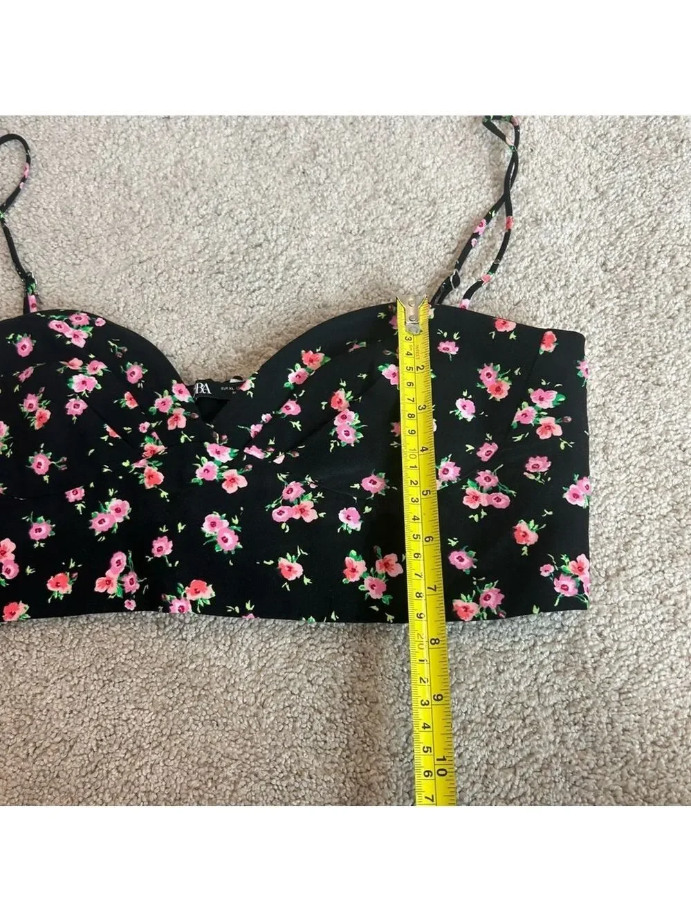 Zara black pink floral flower sweetheart spaghetti strap bustier crop top Sz XL - Picture 6 of 8